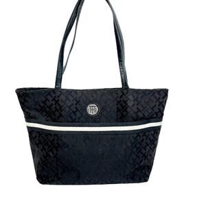 Tommy Hilfiger Tote Black Fabric Bag Allover Monogram Pockets Preppy Shopper